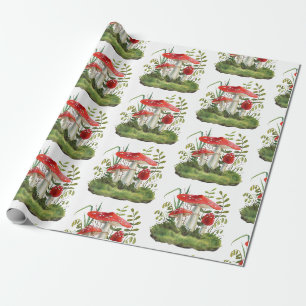 Papier Cadeau Aquarelle Forêt rouge Champignons sauvages et Plan