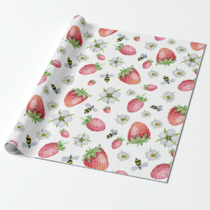 Papier Cadeau Aquarelle Fruit fraise, abeilles et fleurs