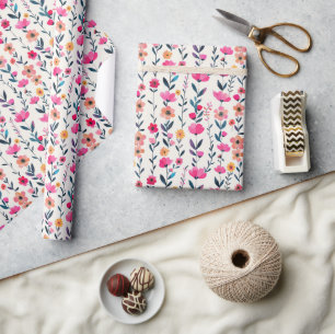 Papier Cadeau Aquarelle Fuchsia Fleurs Motif Floral