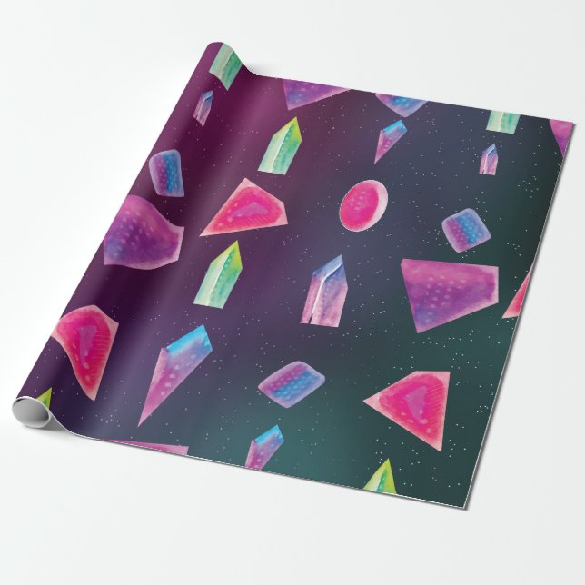 Papier Cadeau Aquarelle Gemmes Colorés de Galaxie (Déroulé)