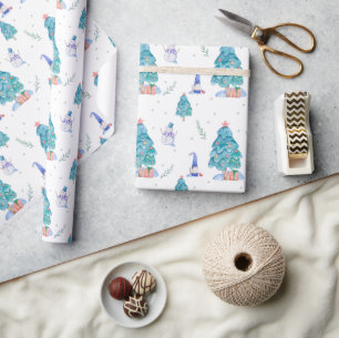 Papier Cadeau Aquarelle Gnomes mignonnes Bleu Noël Arbre neigeux