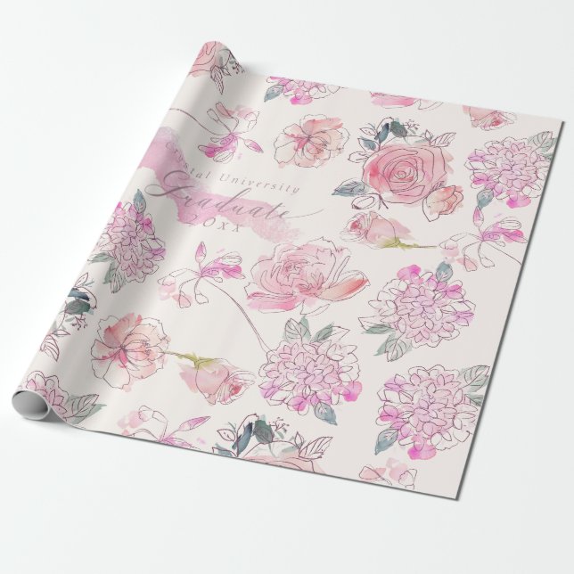 Papier Cadeau Aquarelle graduée Rose floral clair Monogramme (Déroulé)