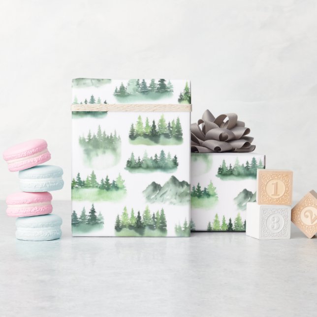 Papier Cadeau Aquarelle Green Trees Motif forestier (Baby Shower)