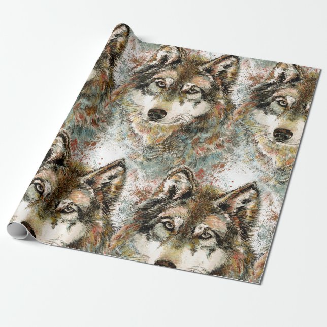 Papier Cadeau Aquarelle Gris Loup Faune Animal Nature Art (Déroulé)