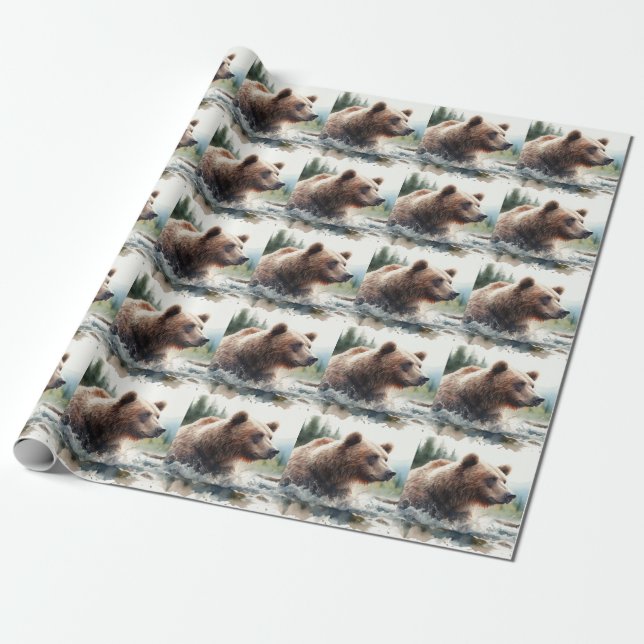 Papier Cadeau Aquarelle Grizzli Ours Faune Nature Art (Déroulé)
