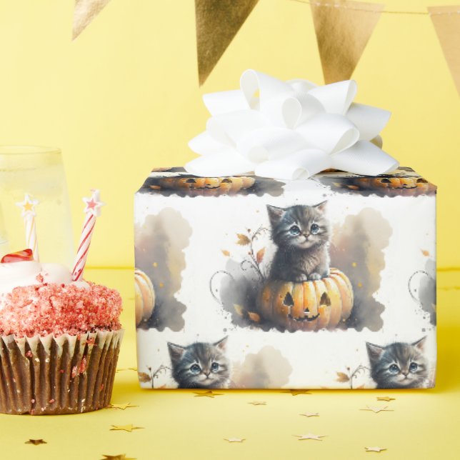 Papier Cadeau Aquarelle Halloween Kitten dans un Jack-o-lanterne (Fête d'anniversaire)