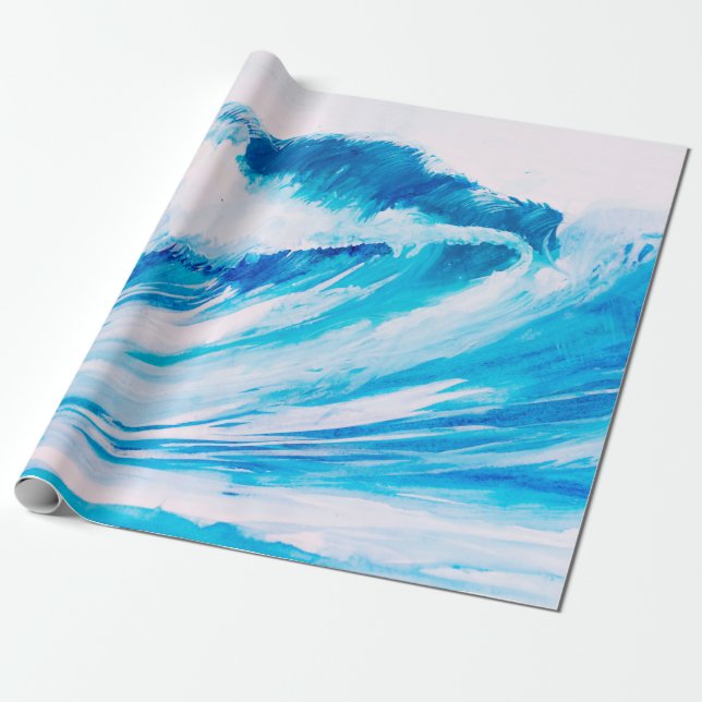 Papier Cadeau aquarelle hautes vagues océaniques couleur blumari (Déroulé)