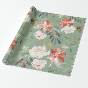 Papier Cadeau Aquarelle Hiver Floral Holly Berry Motif Vert