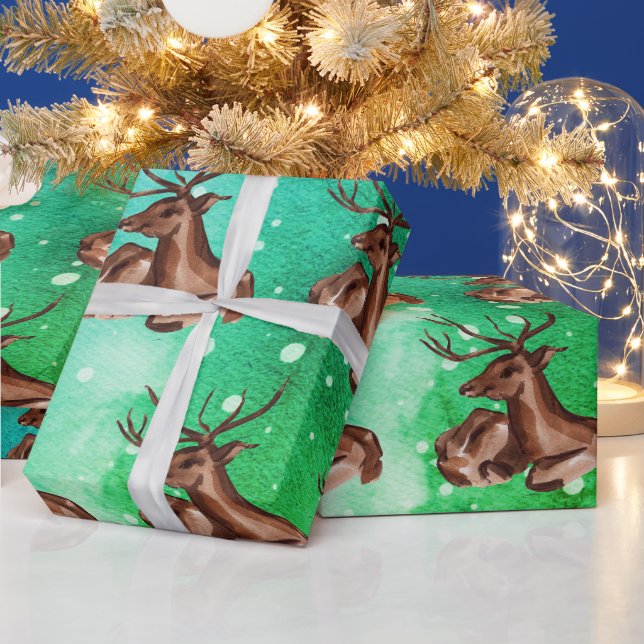 Papier Cadeau Aquarelle Hiver Forêt de Noël Cerfs Animaux (Vacances)