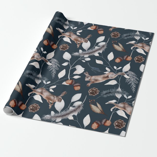 Papier Cadeau Aquarelle Hiver Lièvre (Déroulé)