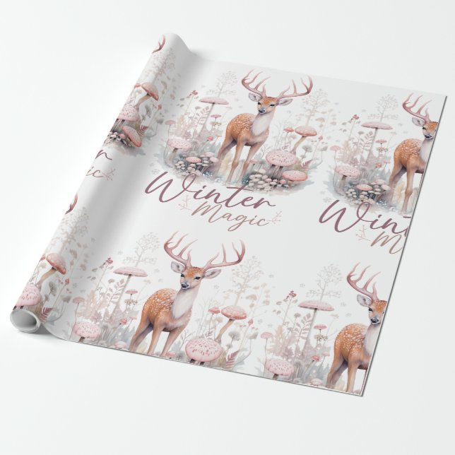 Papier Cadeau Aquarelle Hiver Magique Cerf (Déroulé)