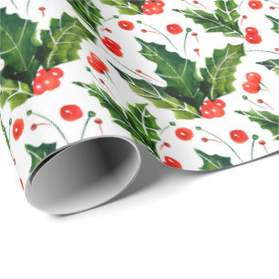 Papier Cadeau Aquarelle Holly Berry Mistletoe Noël