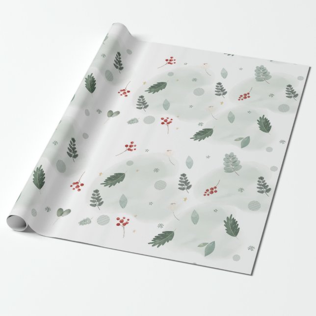 Papier Cadeau Aquarelle Holly Feuille Motif Noël Plan d'art (Déroulé)