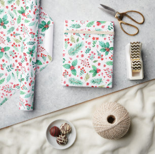 Papier Cadeau Aquarelle Holly, Pine et Berries rouges Noël
