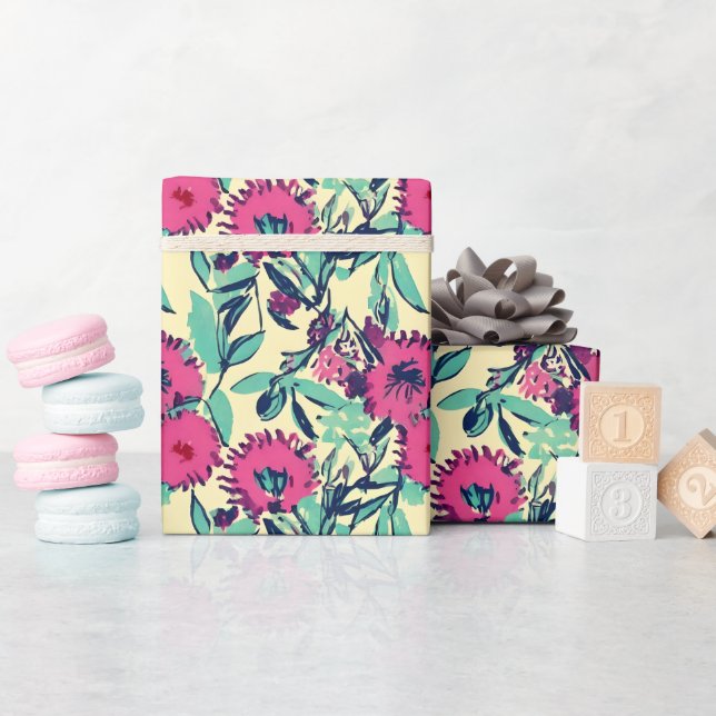 Papier Cadeau Aquarelle inspirée rose + vert Botanique Floral (Baby Shower)
