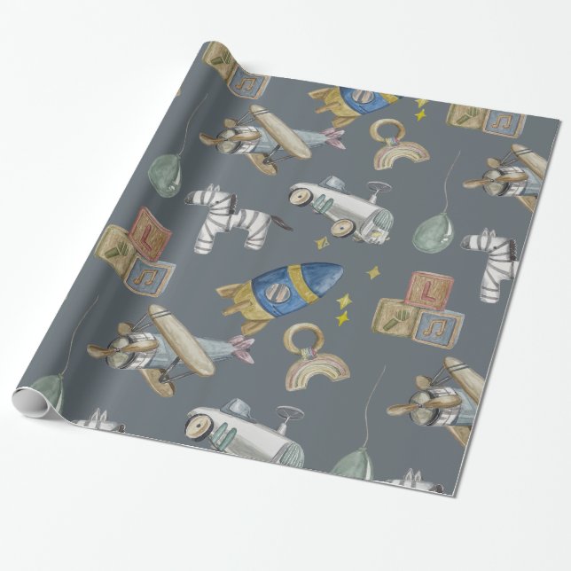 Papier Cadeau Aquarelle jouets vintages (Déroulé)
