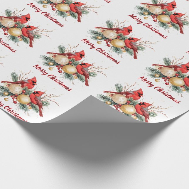 Papier Cadeau Aquarelle Joyeux Noël Cardinal rouge & Berries (Coin)