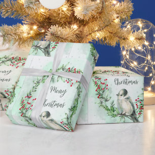 Papier Cadeau Aquarelle Joyeux Noël Grey Jay Bird Wreath