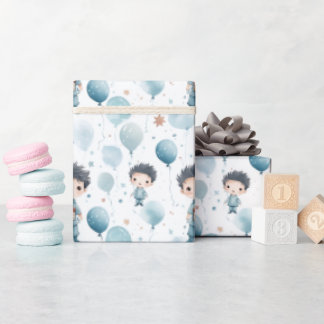 Papier Cadeau Aquarelle Joyeux petit garçon, cadeaux et ballons