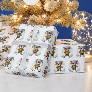 Papier Cadeau Aquarelle Koala Ours Ski Sur Neige
