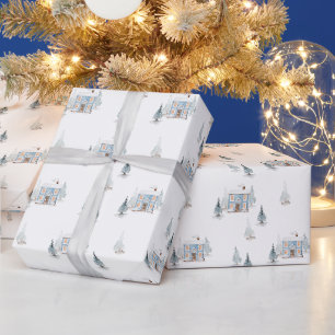 Papier Cadeau Aquarelle Maison Bleue & Arbres Neiges Noël