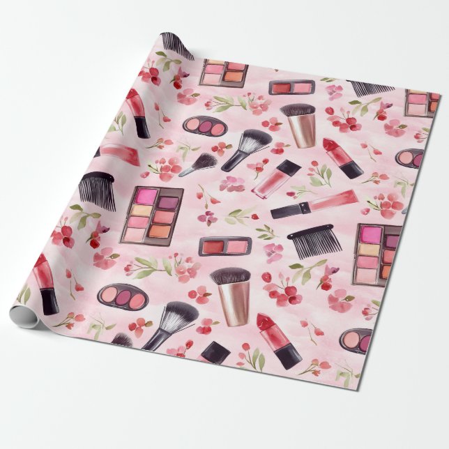 Papier Cadeau Aquarelle maquillage beauté Motif avec fleurs rose (Déroulé)