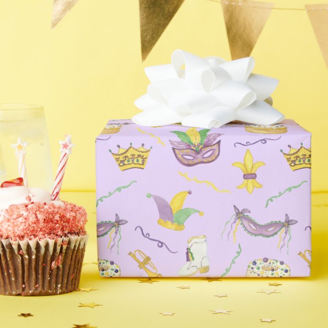 Papier Cadeau Aquarelle Mardi Gras Masques King Cake Crown (Fête d'anniversaire)