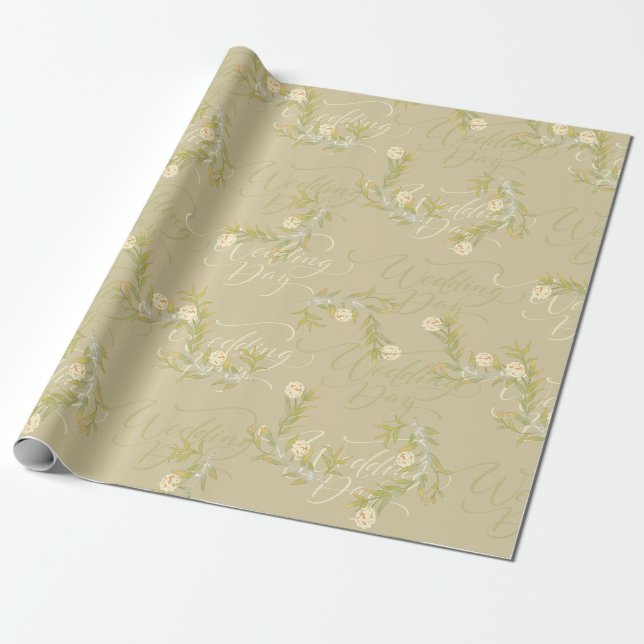 Papier Cadeau Aquarelle mariage Motif floral imprimé Olive Gree (Déroulé)