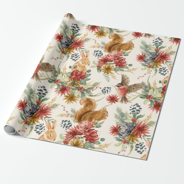 Papier Cadeau Aquarelle mignonne Bois Animaux Motif Floral (Déroulé)