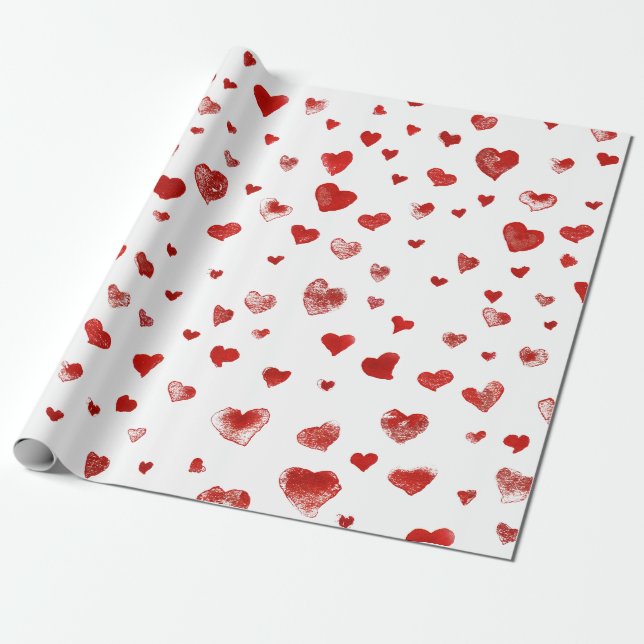 Papier Cadeau Aquarelle mignonne Coeurs rouges (Déroulé)