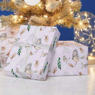 Papier Cadeau Aquarelle mignonne de Bruant de neige peinte à la 