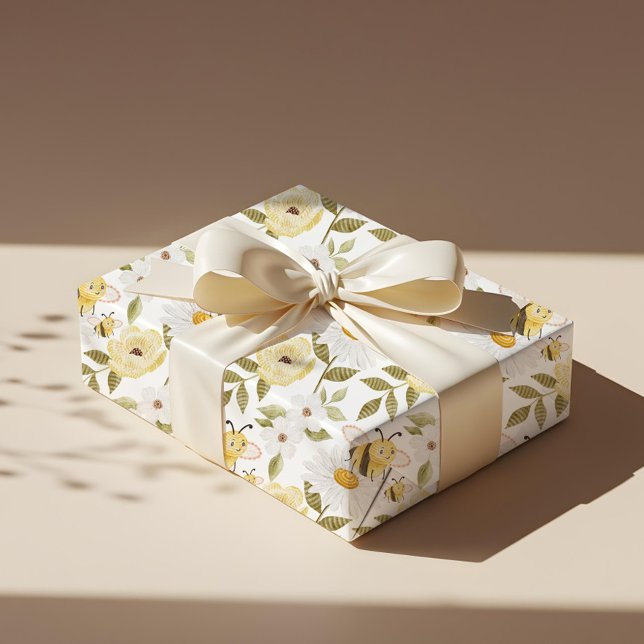 Papier Cadeau Aquarelle mignonne Floral Knished Honey Bee Motif (Cute Watercolor Floral Knitted Honey Bee Pattern Wrapping Paper)