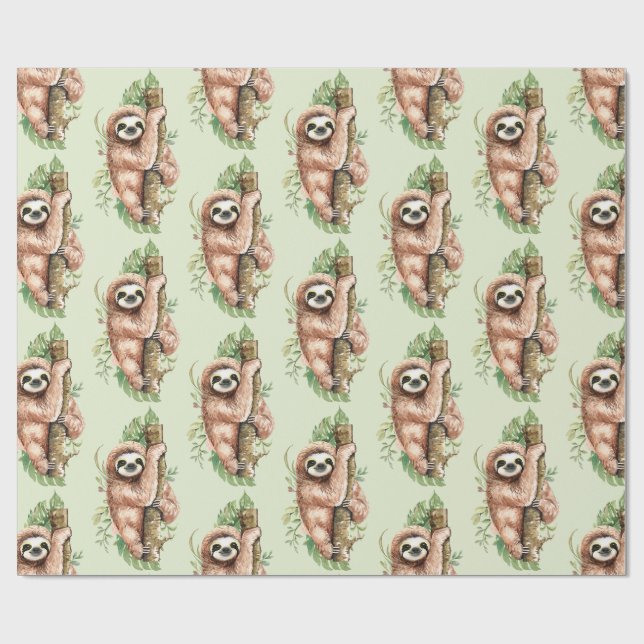 Papier Cadeau Aquarelle mignonne Sloth & Feuilles tropicaux (Plat)