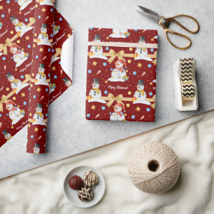 Papier Cadeau Aquarelle mignonne Snowmen avec ruban or Rouge