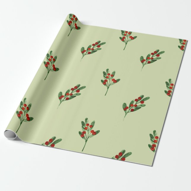 Papier Cadeau Aquarelle Mistletoe avec Berries rouges Noël (Déroulé)