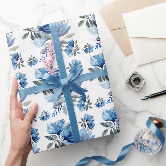 Papier Cadeau Aquarelle moderne bleue Fleurs Abstraites Art (Cadeaux)