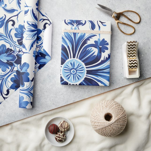 Papier Cadeau Aquarelle moderne Carrelage bleu méditerranéen (Artisanat)