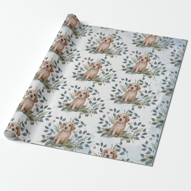Papier Cadeau Aquarelle moderne Chien Chien Chien Chien Floral E (Déroulé)