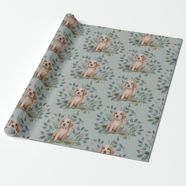 Papier Cadeau Aquarelle moderne Chien Chien Chien Floral Eucalyp (Déroulé)