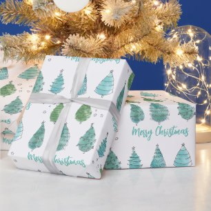 Papier Cadeau Aquarelle moderne Joyeux sapins verts de Noël
