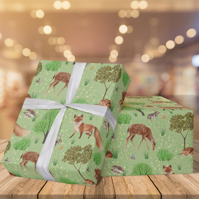 Papier Cadeau Aquarelle moderne mignonne Bois Animaux Pré (Créateur téléchargé)