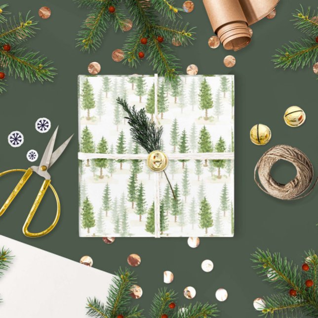 Papier Cadeau Aquarelle moderne Noël Arbres verts (Mountains and forest green sage wrapping paper.)