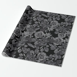 Papier Cadeau Aquarelle monochrome gris noir Feuilles floraux