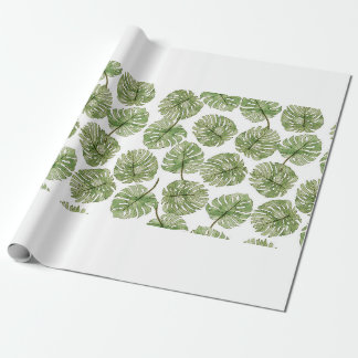 Papier Cadeau Aquarelle Monstera Vert Tropical Feuilles sans cou