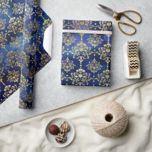 Papier Cadeau Aquarelle Motif bleu avec Damas or
