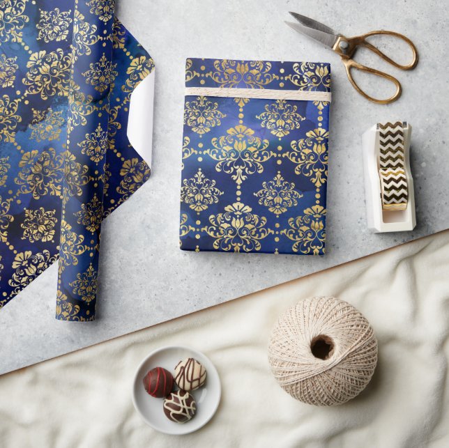 Papier Cadeau Aquarelle Motif bleu avec Damas or (Artisanat)