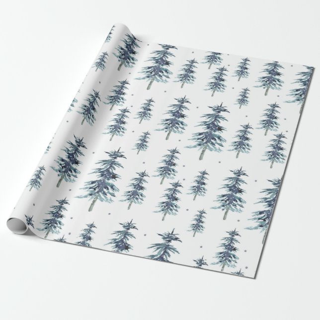 Papier Cadeau Aquarelle Motif d'arbre de pin d'hiver (Déroulé)
