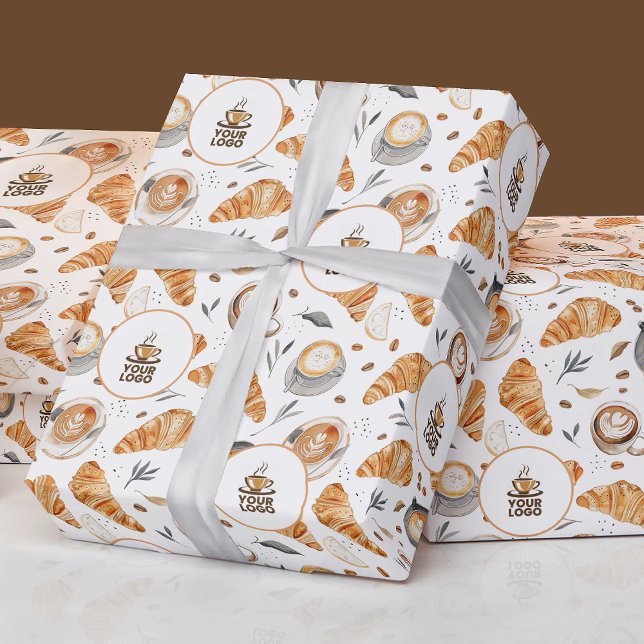 Papier Cadeau Aquarelle Motif de boulangerie à café avec logo de (Watercolor Coffee Bakery Pattern with Brand Logo Wrapping Paper)