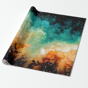 Papier Cadeau Aquarelle Nebula jaune vif, étoiles et noir