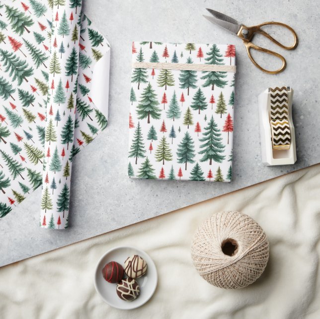 Papier Cadeau Aquarelle Noël Arbres sur Blanc (Artisanat)